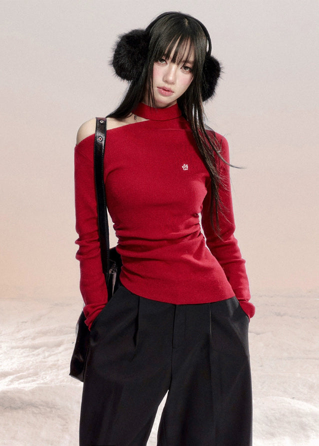 Fragile Heart off shoulder knit, red one shoulder top, Korean romantic sweater, feminine slanted shoulder knitwear, soft cotton knit top, gentle girly red sweater, trendy off-shoulder knit blouse, elegant Korean knitwear, winter romantic knit top, scarlet feminine top, AW Korean pretty girl style