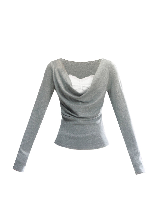 Fragileheart knit top, draped swing blouse, luxury Korean fashion, lace layered knitwear, quiet luxury womenswear, pastel noir aesthetic, grey slim-fit top, elegant autumn outfit, K-fashion 2025, minimalist feminine fashion, modern Korean style, soft two-piece knit, delicate off-shoulder top, refined knit blouse

