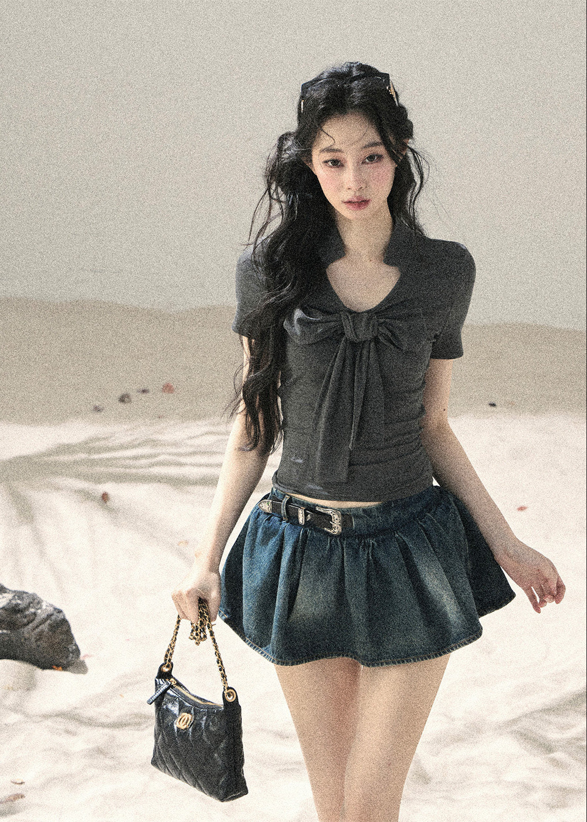 V-neck short sleeve top with soft bow accent