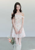 fragileheart dress, off shoulder floral dress, ivory mini dress, floral patchwork dress, korean feminine dress, romantic summer dress, vacation mini dress, soft girl dress, feminine floral dress, cream floral mini dress, summer date dress, korean vacation outfit
