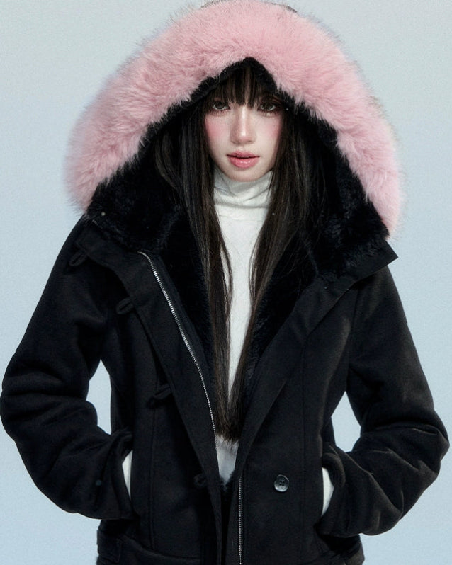 Fragileheart suede cropped coat, fur hooded jacket, luxury Korean fashion, quiet luxury outerwear, winter short coat, pastel noir aesthetic, elegant slim-fit jacket, K-fashion 2025, ivory and black coat, feminine winter outfit, soft suede outerwear, modern Korean fashion, stylish cropped jacket, warm winter coat
