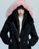Fragileheart suede cropped coat, fur hooded jacket, luxury Korean fashion, quiet luxury outerwear, winter short coat, pastel noir aesthetic, elegant slim-fit jacket, K-fashion 2025, ivory and black coat, feminine winter outfit, soft suede outerwear, modern Korean fashion, stylish cropped jacket, warm winter coat
