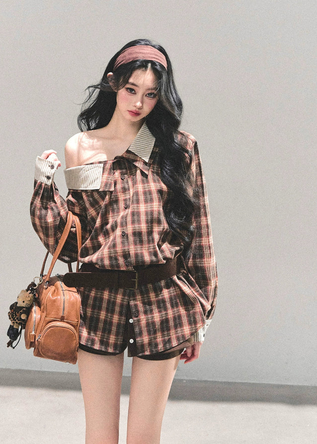 off shoulder plaid shirt, korean style plaid top, autumn winter plaid jacket, asymmetry neckline top, AOMALM plaid shirt women, street style plaid blouse, off shoulder check shirt jacket, korean fashion tops 2025, casual commuter shirt women, oversized plaid top, fall winter layering shirt, trendy checkered blouse womens, soft plaid jacket korean, chic off shoulder outerwear, brown plaid shirt jacket women
