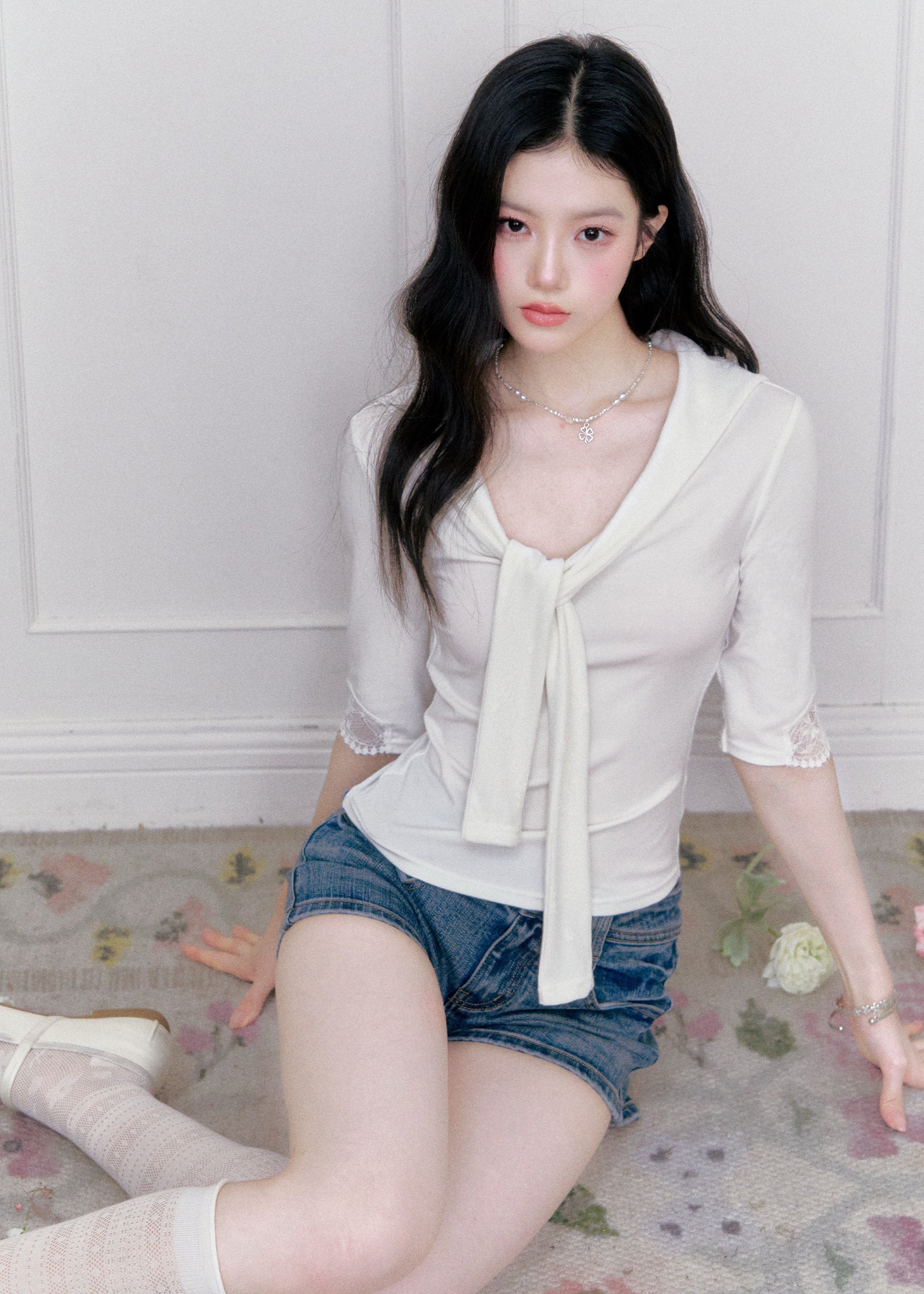 fragileheart top, white lace tie top, korean feminine top, pure desire lace top, slim lace t-shirt, tie neck top women, glass candy top, feminine korean fashion, lace summer top, soft white blouse, romantic fitted top, korean summer outfit