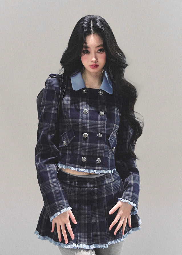 Proust Blue set, plaid suit set, collegiate jacket women, winter plaid skirt set, Korean two-piece outfit, AOMALM suit set, academic style outfit, Korean winter fashion, plaid mini skirt, tailored winter jacket, K-fashion set, blue plaid outfit, elegant winter outfit women, campus style clothing, wool blend jacket women, date outfit winter, Korean street style, cute two-piece set, winter feminine fashion, plaid matching set