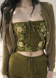 aomalm set, three piece set women, floral bandeau set, korean summer set, olive green co ord, french feminine outfit, 3d floral top, cardigan and shorts set, resort outfit women, romantic summer set, knit shorts set, feminine korean fashion