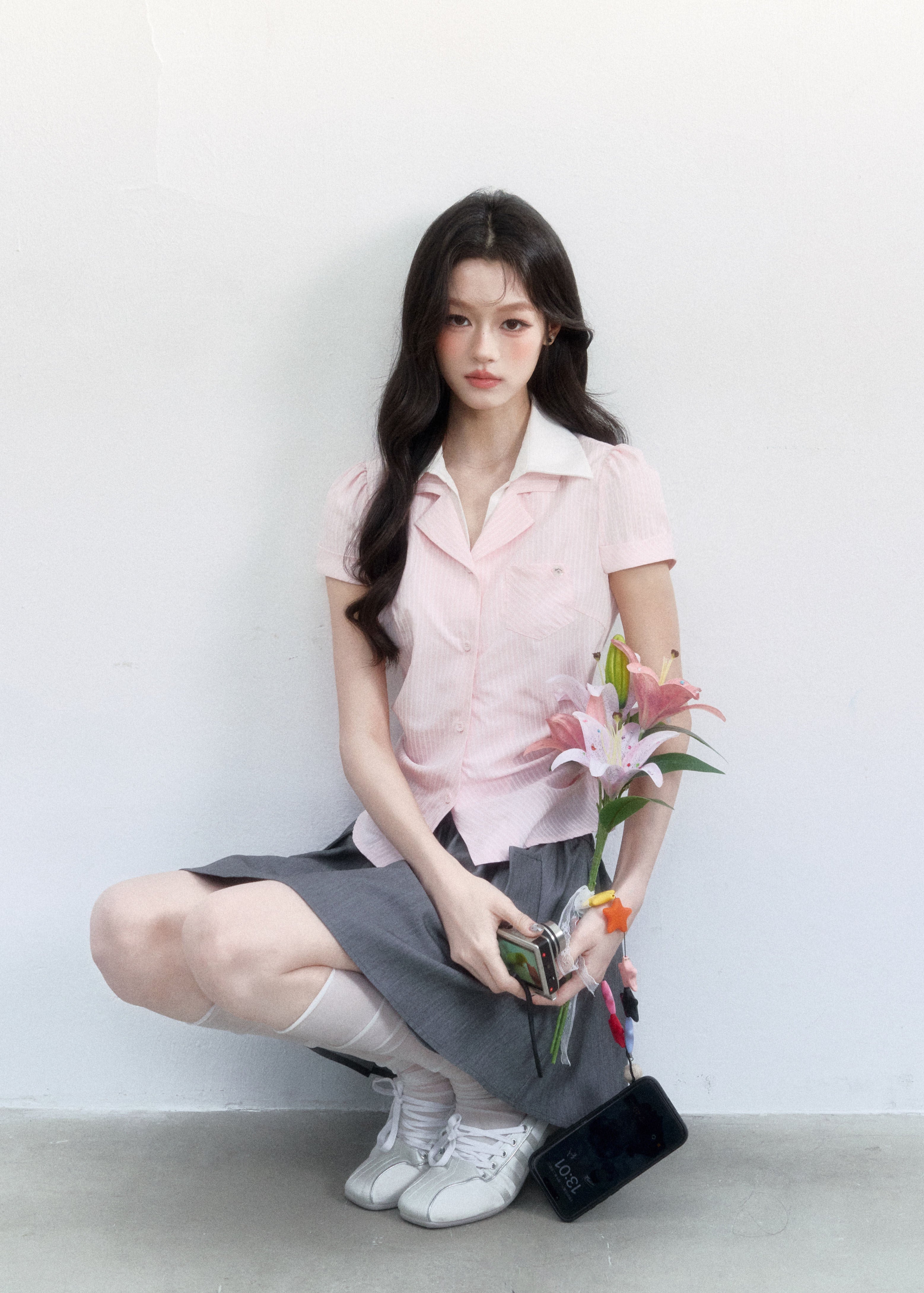 plaid layered top, korean campus top, sweet preppy top, pink plaid shirt top, faux layered blouse, feminine korean fashion top, fragileheart top, summer campus outfit, knit scarf top set, cute preppy summer top, soft girl korean top, honor student style top
