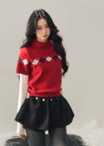 AOMALM knit sweater, winter knit top women, Korean style sweater, semi high neck sweater, argyle knit top, red winter sweater, short sleeve knit winter, feminine knit top, soft winter sweater, holiday knit top, Korean fashion winter, slim fit knit sweater, layering winter top, cute winter sweater women, Christmas knit sweater, aesthetic knitwear