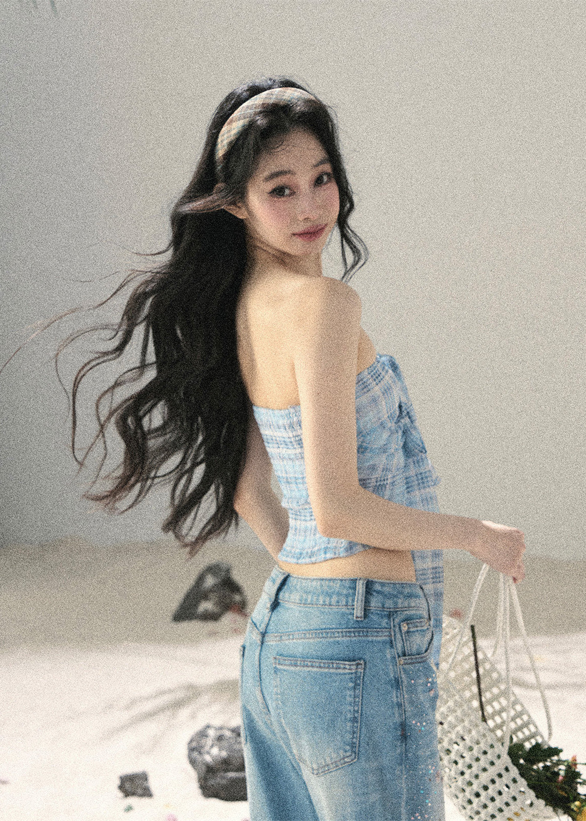 aomalm top set, blue plaid top, strapless bow top, korean feminine top, plaid bandeau top, summer cardigan set, blue danube top, sweet spicy summer top, feminine korean fashion, short summer top, plaid cami top, korean vacation outfit