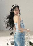 aomalm top set, blue plaid top, strapless bow top, korean feminine top, plaid bandeau top, summer cardigan set, blue danube top, sweet spicy summer top, feminine korean fashion, short summer top, plaid cami top, korean vacation outfit