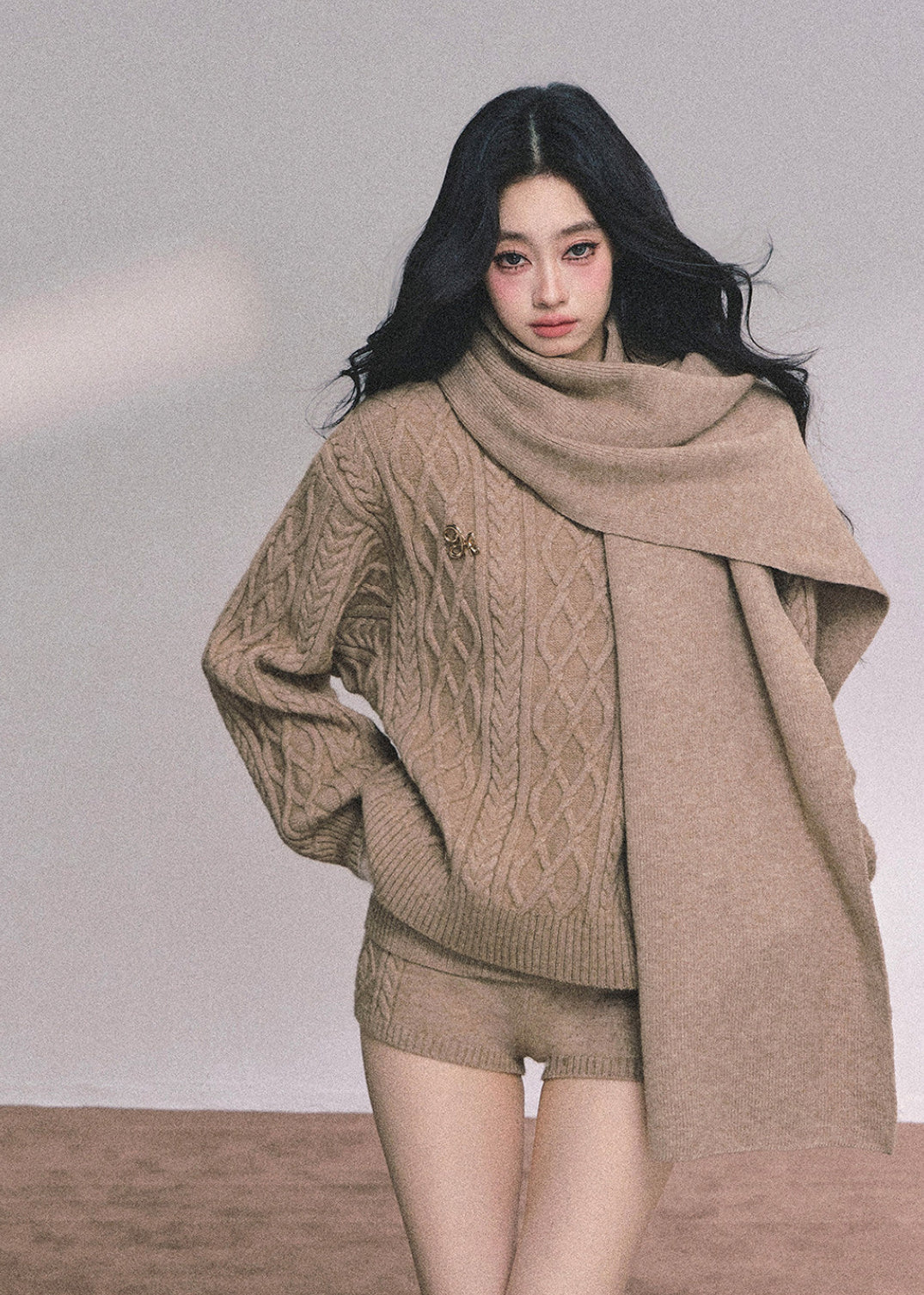 AOMALM knit set, Korean sweater set women, winter knit shorts set, college style knitwear, cable knit sweater women, feminine winter outfit, Korean cozy set, three piece knit set women, soft knit sweater winter, preppy Korean style outfit, winter lounge set women, scarf sweater set, cute winter knitwear, aesthetic Korean fashion, casual winter knit set