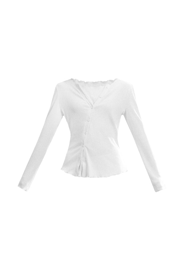 Fragileheart knit top, faux two-piece shirt, layered asymmetric blouse, luxury Korean fashion, minimal feminine outfit, quiet luxury womenswear, pastel noir aesthetic, elegant everyday top, four color knitwear, K-fashion 2025, casual chic long sleeve, modern Korean style, delicate soft knit, refined daily outfit
