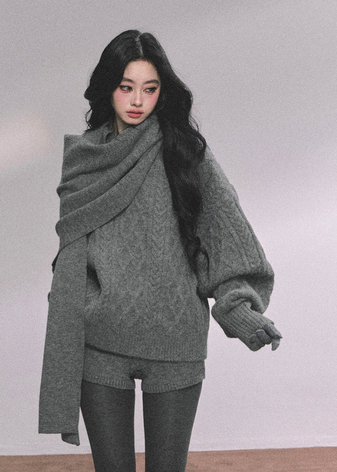 AOMALM knit set, Korean sweater set women, winter knit shorts set, college style knitwear, cable knit sweater women, feminine winter outfit, Korean cozy set, three piece knit set women, soft knit sweater winter, preppy Korean style outfit, winter lounge set women, scarf sweater set, cute winter knitwear, aesthetic Korean fashion, casual winter knit set