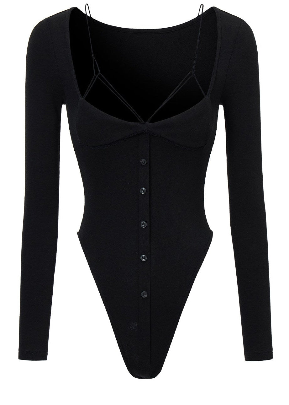 Black sweetheart neckline long sleeve top with waist cutout details