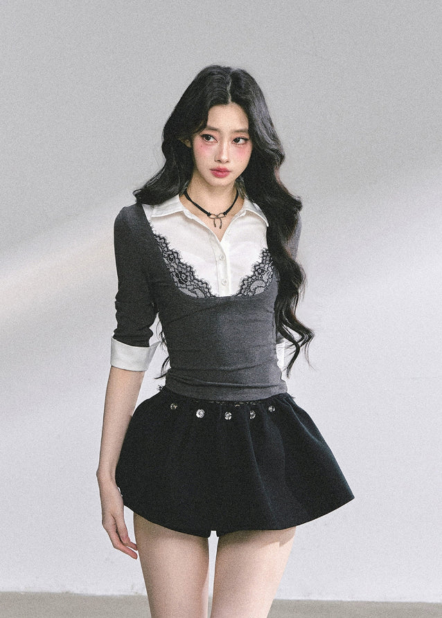 korean lace polo top, contrast lace collar blouse, fake two piece korean top, korean long sleeve lace shirt, elegant korean knit top, seoul fashion autumn 2025, korean layered blouse women, lace contrast polo shirt, preppy korean girl top, korean chic fashion blouse, slim fit lace top, korean office casual shirt, kfashion lace knit top, korean classy look, hot girl korean fashion