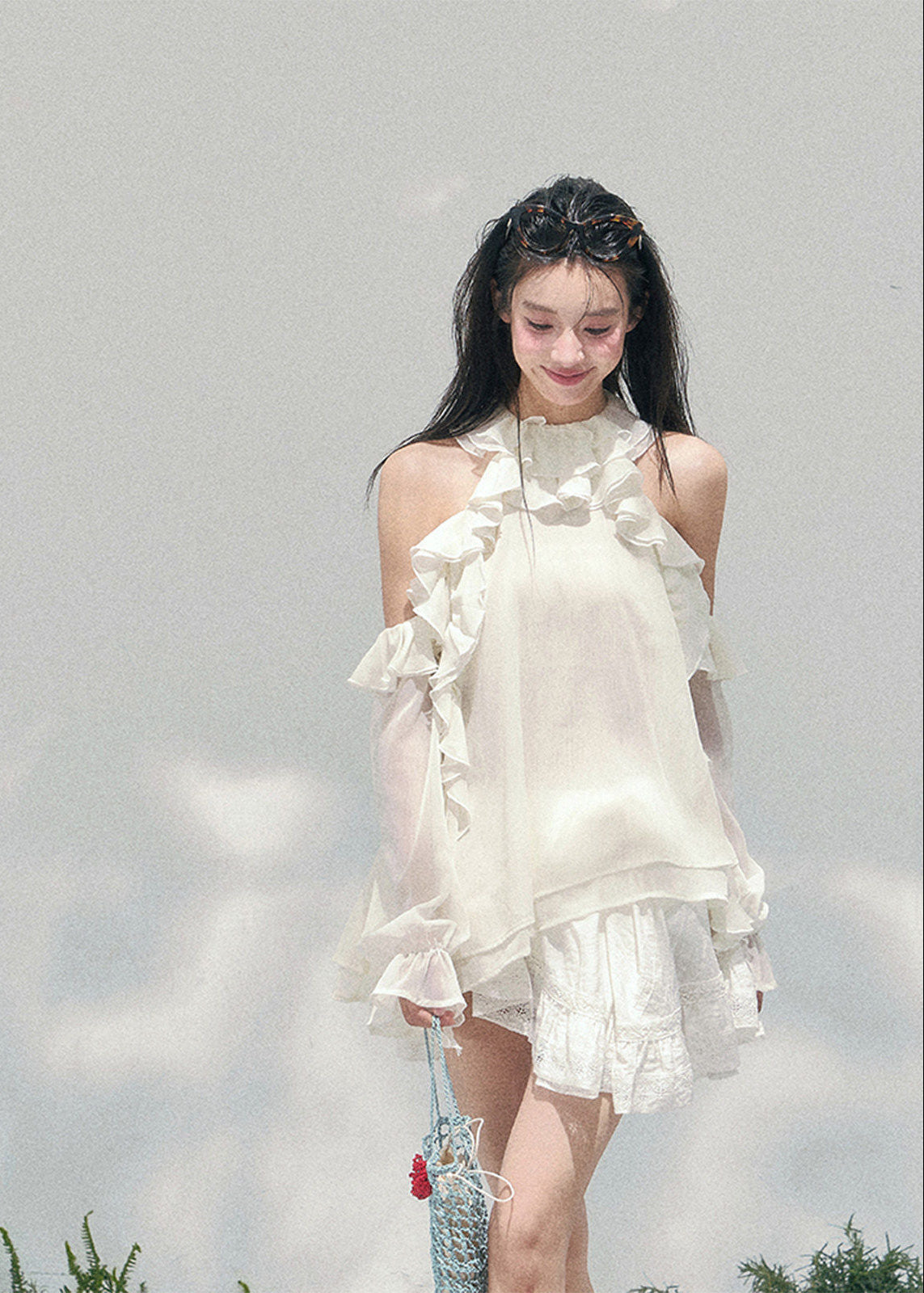 AOMALM sheer ruffle blouse, French romantic spring top, feminine off shoulder chiffon blouse, Korean elegant sheer shirt women, quiet luxury romantic outfit, Parisian inspired ruffle blouse, delicate fungus edge blouse women, romantic Korean French aesthetic clothing, lightweight spring sheer top, soft feminine translucent blouse, elegant airy chiffon shirt women, refined luxury womenswear blouse, romantic flowy spring fashion, delicate feminine long sleeve blouse, luxury Korean designer inspired top