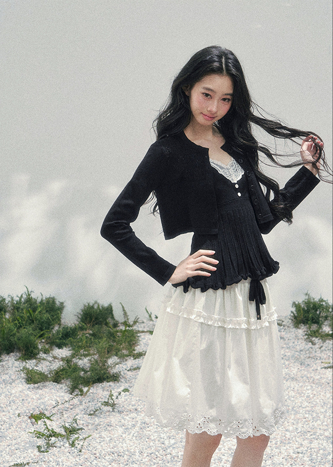 AOMALM lace twinset, French romantic knit set, lace inner top cardigan, feminine V-neck knitwear, Korean elegant spring outfit, layered lace blouse set, quiet luxury womens knit, Parisian style cardigan set, delicate lace camisole top, romantic spring knitwear women, soft feminine twinset outfit, refined Korean fashion top set, elegant two piece knit ensemble, lace trim V-neck blouse, feminine layered fashion look, spring luxury knit cardigan, French Korean aesthetic clothing, romantic lightweight knit set,