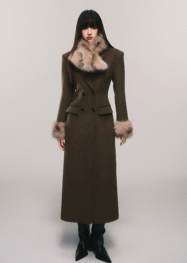 LuluSwings tweed coat, hourglass waist long coat, fur collar tweed jacket, detachable scarf coat, retro elegant wool coat, Korean stylish winter outerwear, luxury city girl coat, sculpted waist tweed coat, brown fur trim long coat, high fashion winter jacket, AW stylish coat women, chic fur cuff coat