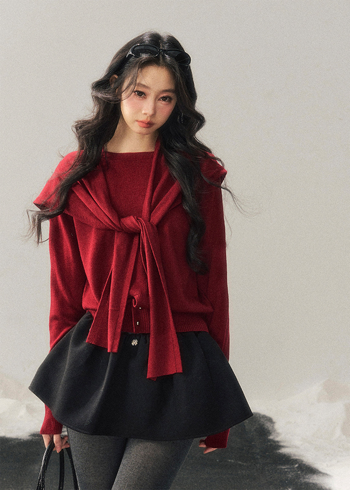 women knit sweater set, shawl collar sweater women, korean minimal knit, collegiate style sweater, winter knit top women, layered knit set, short sweater women, refined casual knit, elegant daily wear women, premium knitwear women, soft feminine sweater, two piece knit outfit, modern women sweater, aomalm knit style, minimal winter top