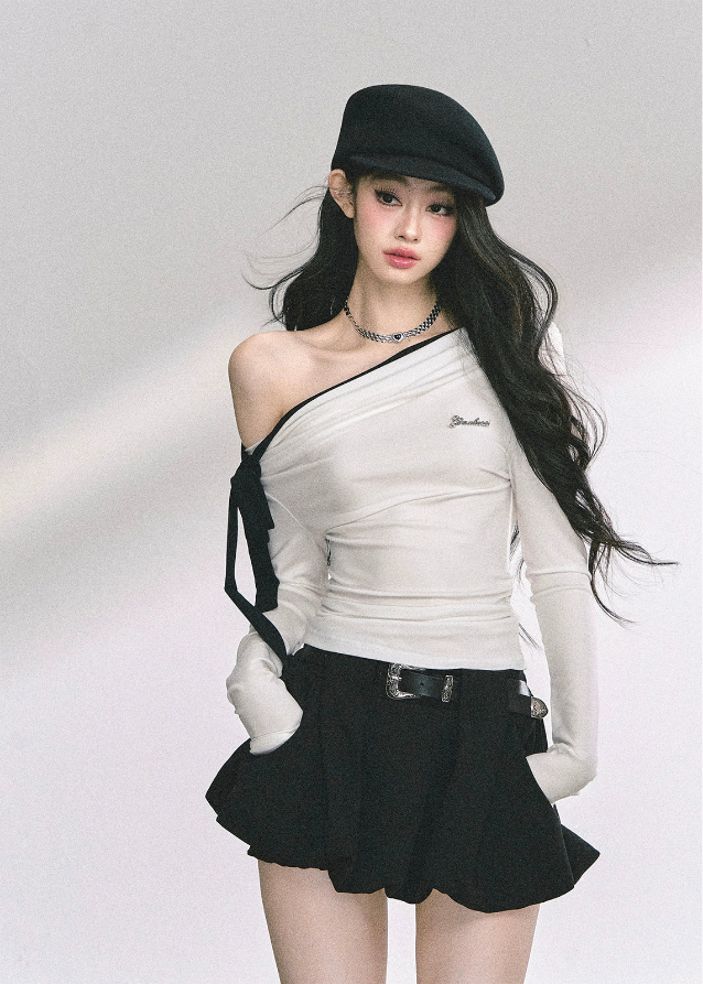korean off shoulder ribbon top, korean hot girl long sleeve shirt, seoul street fashion top women, korean sexy slim fit long sleeve, off shoulder tie top women, korean modern chic top, korean autumn off shoulder blouse, kfashion minimalist street top, korean elegant bow top, seoul inspired off shoulder outfit, hot girl shoulder tie design, korean feminine streetwear, off shoulder stylish korean shirt, trendy long sleeve fall top, korean fashion black white slim top