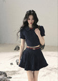 Navy cropped top and pleated mini skirt set