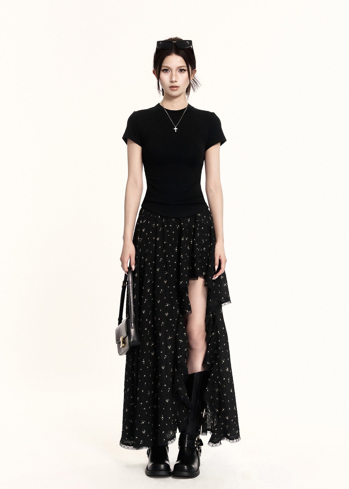 Black high-low ruffle skirt with a sheer layered hem