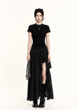 Black high-low ruffle skirt with a sheer layered hem