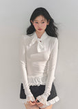 AOMALM top, Korean style knit top, fungus ruffle hem, bow lace T-shirt, winter feminine top, lace cuff long sleeve, soft knit blouse, aesthetic Korean fashion, winter layering top, slim fit tee women, elegant knitwear, ruffle lace shirt, cute winter tops, Korean girl outfit, soft girl aesthetic top, feminine long sleeve tee, winter fashion 2025, trending Korean tops, lace trim sweater top, chic bow neck shirt, romantic knit top.