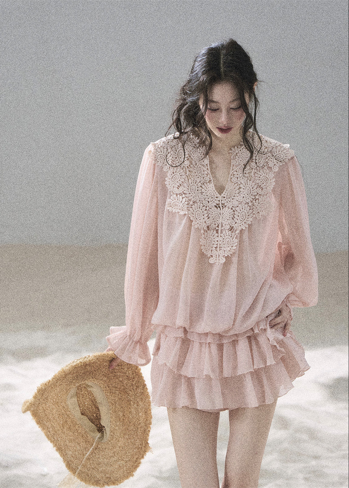 Romantic pink chiffon set with an intricate floral lace neckline