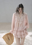 Romantic pink chiffon set with an intricate floral lace neckline