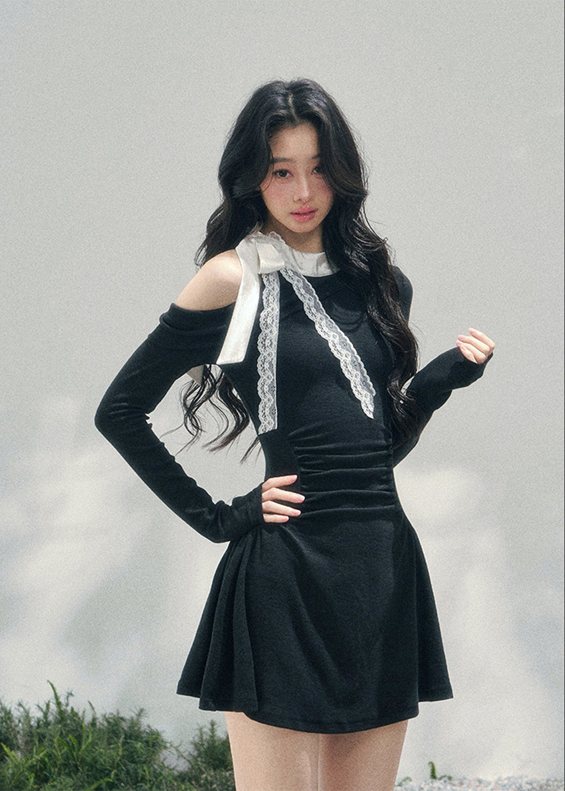 AOMALM off shoulder mini dress, French romantic spring dress, feminine ruched knit dress, Korean elegant mini dress women, quiet luxury romantic outfit, lace detail off shoulder dress, Parisian inspired mini dress, refined feminine silhouette dress, spring lightweight knit dress women, romantic Korean French aesthetic clothing, elegant waist shaping mini dress, soft luxury womenswear dress, poetic romantic spring fashion, asymmetric shoulder mini dress, delicate feminine evening mini dress
