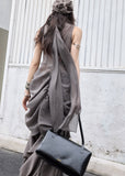 jnylon vest, draped vest women, korean fashion vest, sleeveless long top, sculptural vest, gray draped top, urban korean fashion, stylish layering top, low drape vest, pleated vest women, modern streetwear top, korean designer style