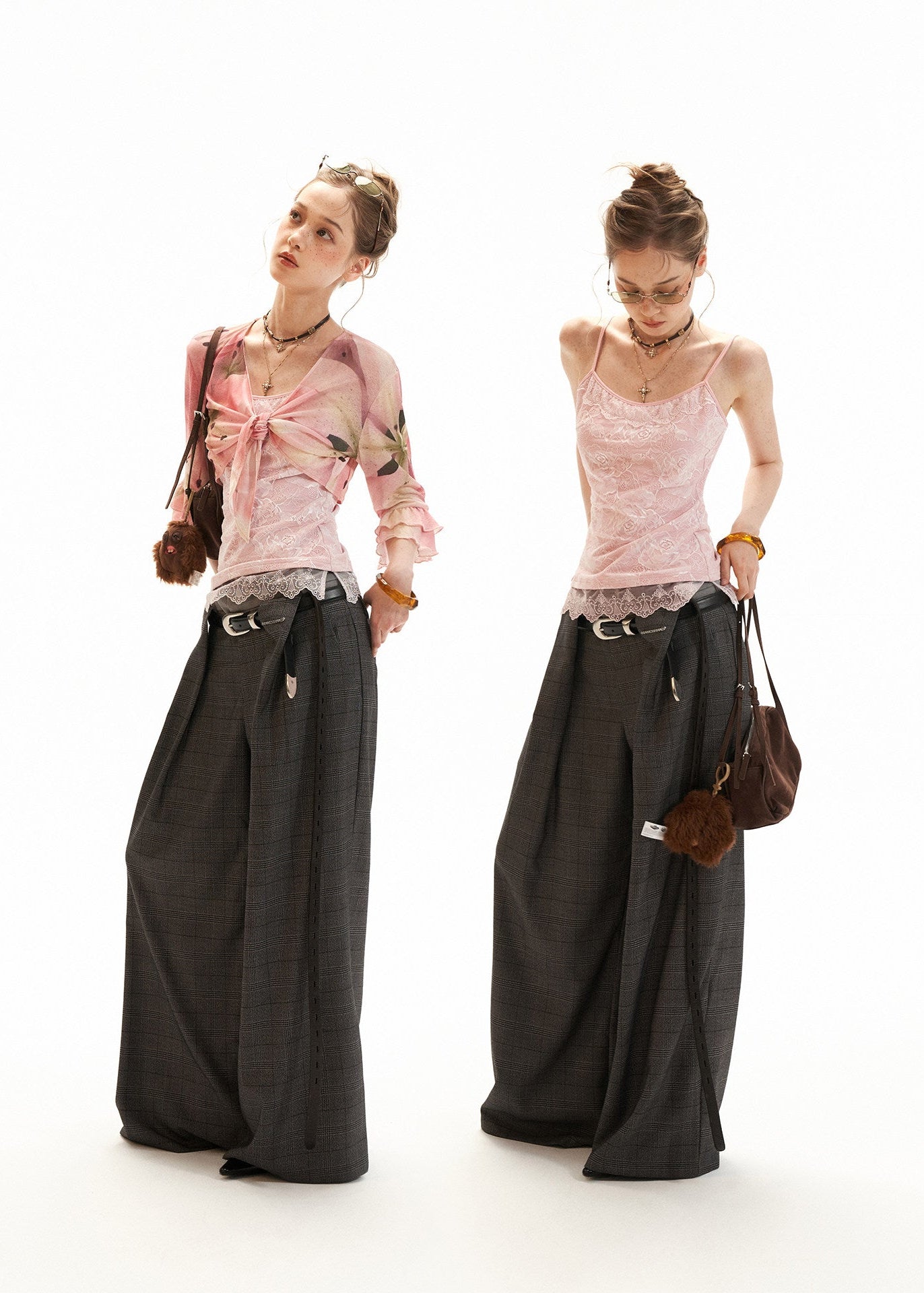 Y2K two-piece top set styled with wide-leg pants