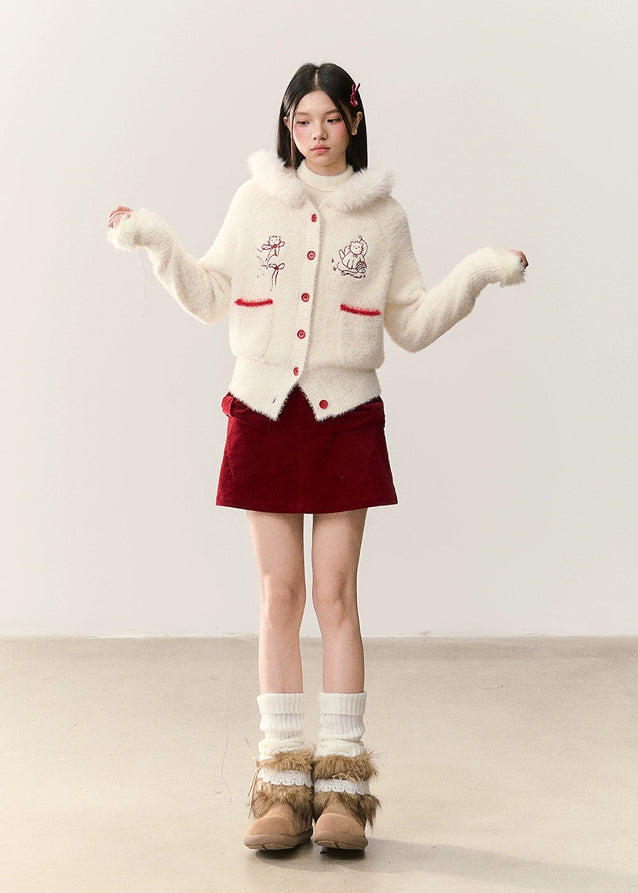 kitten embroidery cardigan, fluffy fur collar knit, detachable fur hood sweater, Korean girly knitwear, AW cozy cardigan, umoumo cute knit, embroidered cat cardigan, soft fuzzy winter sweater, contrast patchwork knit, warm loose cardigan, pastel winter knit, feminine Korean fashion, cute cat print knit, fluffy hooded cardigan, Fragileheart soft aesthetic, cozy warm knit jacket, winter cute girl outfit, fuzzy embroidered cardigan