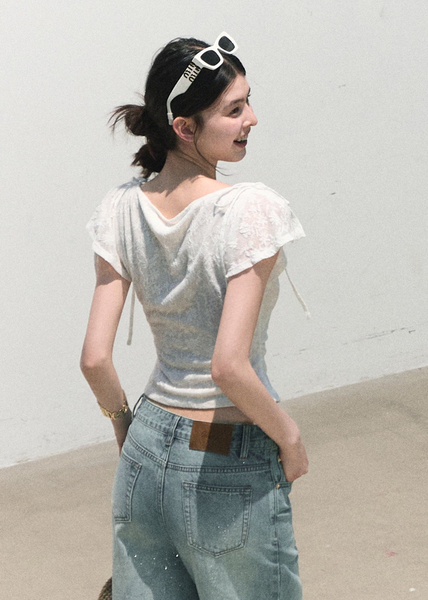 oakmoo top, jacquard short sleeve top, white slim top, korean minimal fashion, waist skimming t-shirt, textured summer top, feminine white top, vintage jacquard top, soft summer blouse, quiet luxury casual top, slim fit summer top, korean summer outfit