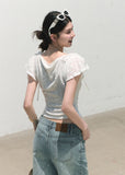 oakmoo top, jacquard short sleeve top, white slim top, korean minimal fashion, waist skimming t-shirt, textured summer top, feminine white top, vintage jacquard top, soft summer blouse, quiet luxury casual top, slim fit summer top, korean summer outfit