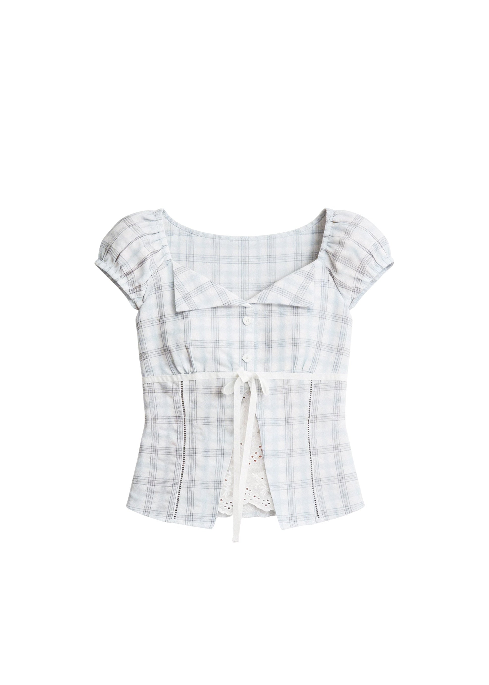 fragileheart top, blue plaid top, korean plaid blouse, academy style top, lace patchwork top, feminine summer top, tie front plaid top, cotton plaid blouse, korean fashion top, slim fit summer blouse, cute plaid top, preppy korean top