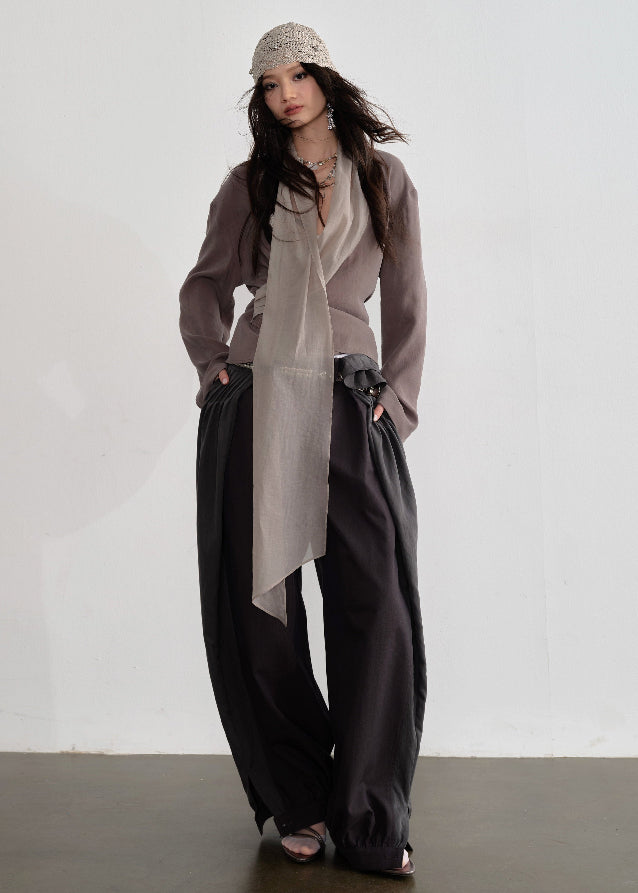 JNYLON earth tone shirt women, Korean stylish wide sleeve blouse, neutral long streamer shirt, modern Korean fashion shirt, chic natural style womenswear, long tie blouse Korean fashion, relaxed wide sleeve shirt women, trendy Korean street chic top, minimalist earth color blouse women, lightweight urban fashion shirt, Korean aesthetic long sleeve blouse, stylish neutral layering shirt