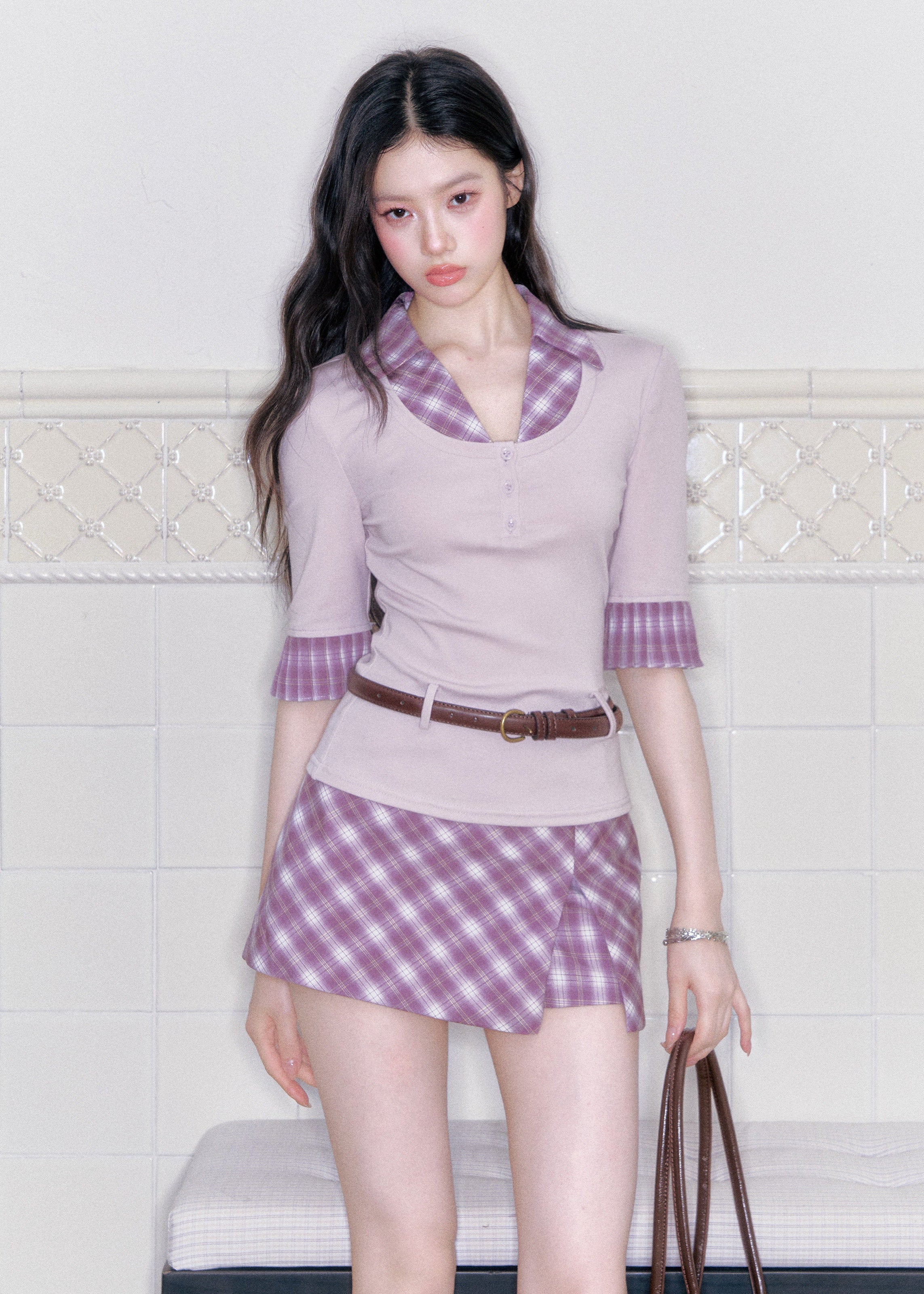 fragileheart set, purple plaid two piece set, korean academy outfit, plaid shirt skirt set, feminine korean fashion, campus style set, slim shirt top, plaid mini skirt set, soft girl outfit, korean preppy set, lavender plaid set, romantic collegiate outfit