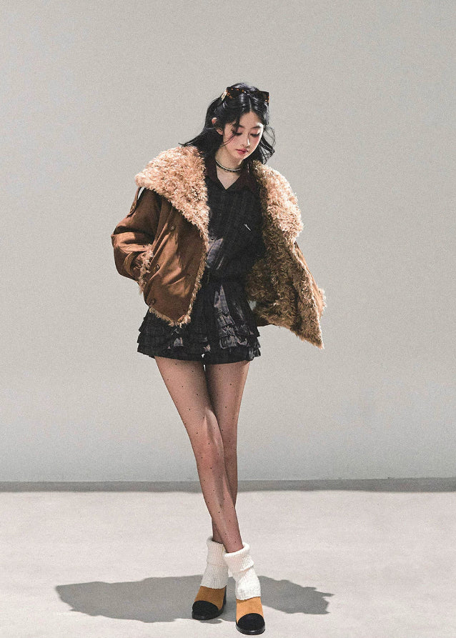 AOMALM, lamb fur coat women, Maillard winter coat, Korean feminine jacket, plush winter outerwear, padded cotton coat, cozy fur jacket, Korean winter fashion, warm short coat women, faux lamb fur jacket, soft winter coat, aesthetic Korean outfit, feminine winter jacket, casual warm coat, trendy winter outerwear, elegant padded jacket, winter layering coat