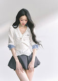 slimming v neck blouse, waist cinch shirt women, fake two piece shirt, french style blouse, korean streetwear top, professional commuter top, fitted summer blouse, elegant v neck shirt, sculpted waist shirt, kpop trainee style top, trendy women’s fashion top, tailored slim fit blouse, chic office top women, korean american fashion
