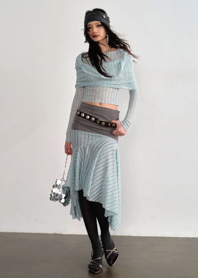 JNYLON mint layered outfit women, Korean stylish translucent knit set, modern Korean fashion irregular skirt, chic mint swing collar top, trendy Korean street chic outfit, hazy atmosphere layered set Korean style, lightweight mint fashion set women, urban fashion layered skirt outfit, stylish Korean aesthetic mint outfit, fashionable translucent knitwear women