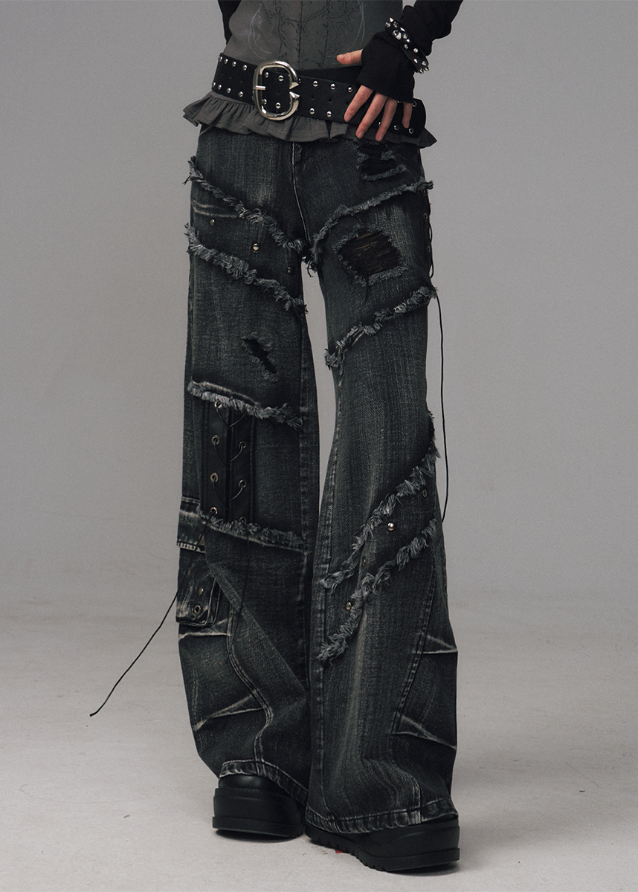 Fragileheart distressed jeans, lace-up denim pants, streetpunk fashion, raw edge wide-leg jeans, washed frayed denim, Y2K grunge jeans, heavy work jeans women, vintage street style pants, edgy Korean fashion, deconstructed denim