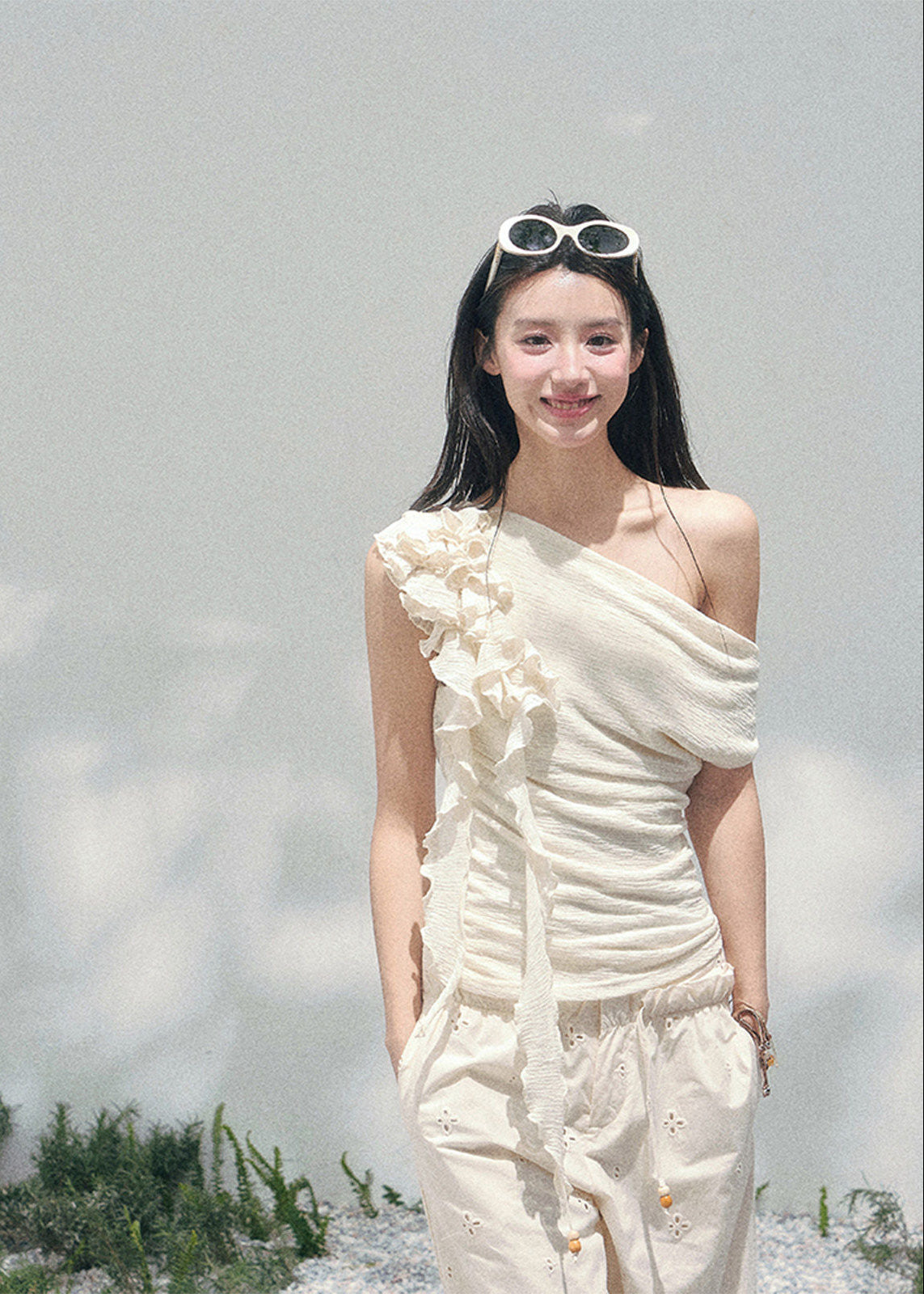 AOMALM off shoulder knit top, French romantic spring blouse, feminine ruffle shoulder knitwear, Korean elegant sleeveless knit women, quiet luxury romantic outfit, Parisian inspired off shoulder blouse, delicate fungus edge knit top, romantic Korean French aesthetic clothing, soft feminine spring knitwear, refined luxury womenswear top, elegant waist shaping knit blouse, lightweight romantic knit top women, luxury Korean designer inspired clothing