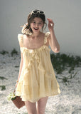 yellow mini dress, babydoll dress, ruffle mini dress, korean fashion dress, feminine summer dress, seaside vacation dress, soft girl mini dress, romantic yellow dress, aomalm dress, lightweight summer dress
