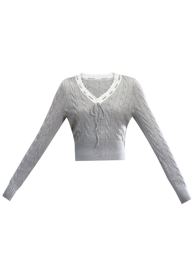 Fragileheart knit skirt set, lace V-neck sweater, pleated mini skirt outfit, luxury Korean fashion, quiet luxury womenswear, pastel noir aesthetic, elegant pre-autumn outfit, grey two-piece knit set, romantic feminine fashion, K-fashion 2025, vintage-inspired knitwear, soft Korean fashion, delicate pleated skirt look, refined knit coordination
