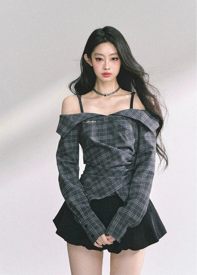 korean off shoulder long sleeve top, french drape blouse women, fake two piece asymmetrical top, korean autumn fashion top women, off shoulder plaid shirt top, elegant french style blouse, korean streetwear chic outfit, trendy korean top long sleeve, asymmetrical draped top women, hot girl fashion blouse korea, korean minimal chic outfit, seoul fashion top autumn, off shoulder slim fit shirt, korean preppy plaid shirt, london style korean top women