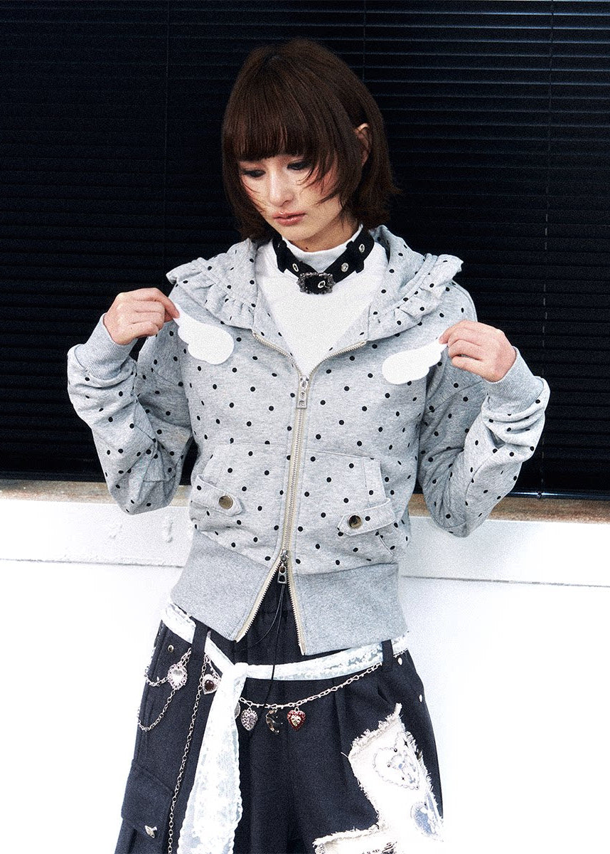 hooded jacket women, cropped hoodie women, polka dot hoodie, grunge outfit women, edgy outfit women, street style hoodie, punk style clothing, y2k edgy outfit, alternative fashion women, zip hoodie women, cropped jacket women, urban streetwear women, statement hoodie women, casual street outfit, rebellious fashion outfit, underground fashion women, dark aesthetic outfit, edgy streetwear women, lightweight jacket women, modern grunge fashion