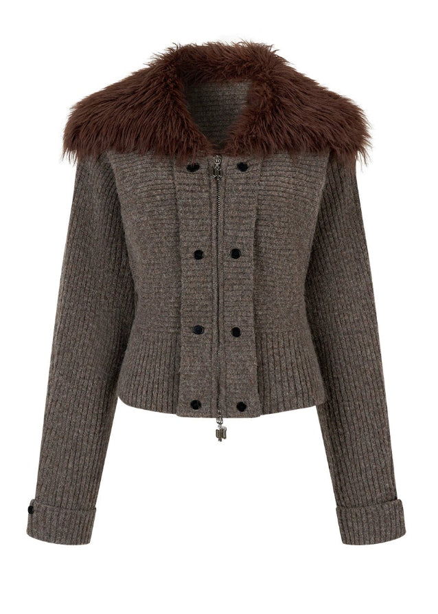 VIAPITTI fur collar knit jacket, heavy knit sweater coat, edgy Korean fashion, autumn winter knitwear, industrial street style, large sleeve knit jacket, waist cinched sweater top, luxury streetwear women, fur trim knit top, K-fashion 2025, thick warm knit jacket, modern street couture, warm winter knit outfit
