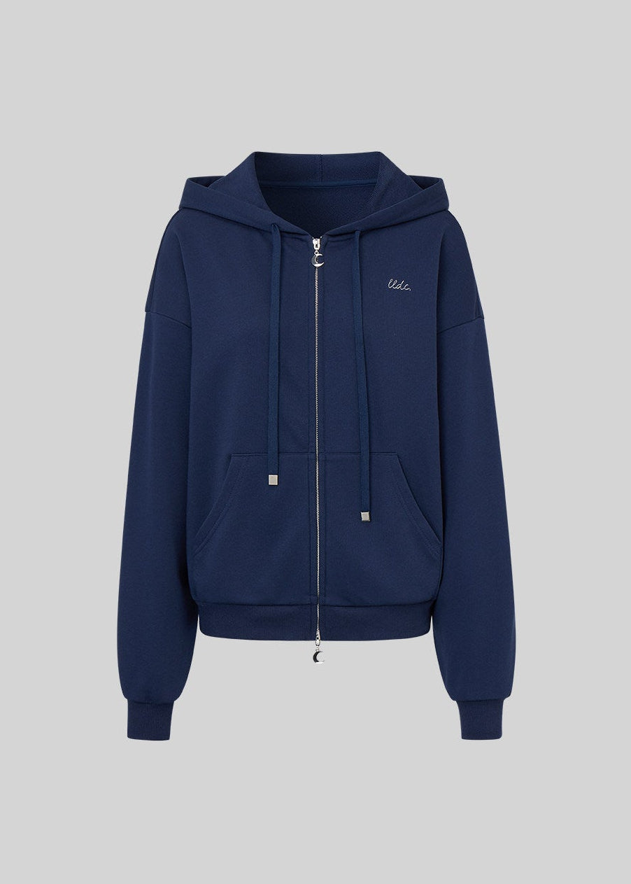 Relaxed navy sweatsuit with embroidered chest detail and drawstring waist